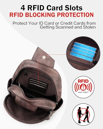 FADEON Large Sling Bag for Women, Leather Crossbody Purse Designer Anti Theft Sling Backpack, RFID Fanny Packs for Travel - color: Coffee Brown Retro Style