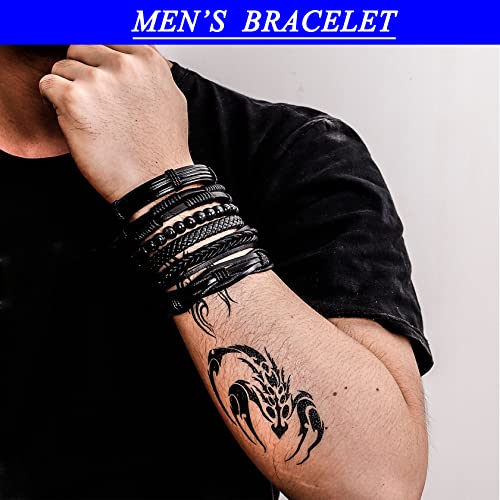 MILAKOO 6 Pcs Punk Braided Leather Bracelets for Men Women Cuff Wrap Wristbands Adjustable - color: Black