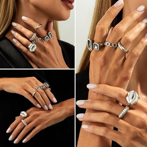 CHICUTIE Silver Kunckle Rings Set for Women, Stackable Chunky Crystal Finger Midi Stacking Rings, Dainty Black Cubic Zirconia Statement Thumb Knuckle Rings Pack Jewelry Gift