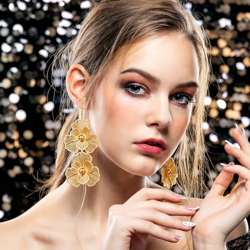 ILGANT Gold Flower Earrings Set for Women Chunky Gold Statement Earrings Big Plated Dangle Flower Jewelry for Women