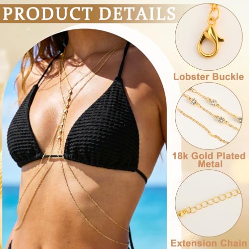 SANNIX 2 Piece Gold Plated Body Chain,Layered Belly Chains Rhinestone Jewelry Lingerie Bikini Waist Bra Chain Belt Accessories for Women for Summer Beach Date Night