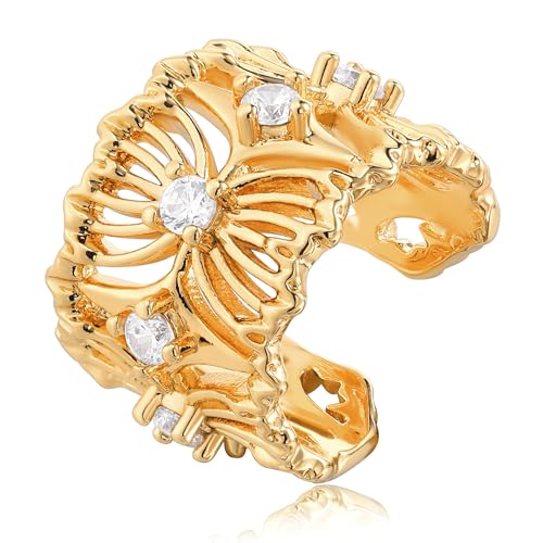 DREMMY STUDIOS Women Ear Cuff Non Piercing | 14K Gold Plated Cubic Zirconia Fake Earrings Wrap Clip on Cartilage Earring | Lightweight Hypoallergenic Jewelry SINGLE EAR CUFF - style: Lines Cuff