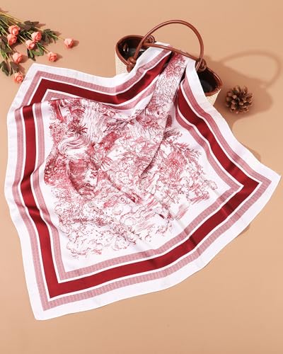 AWAYTR 27.5” Square Satin Head Scarf Hair Scarf for Women's Hair Silk Bandana for Women Silk Head Wrap for Sleeping - color: Landscape Painting (Red)