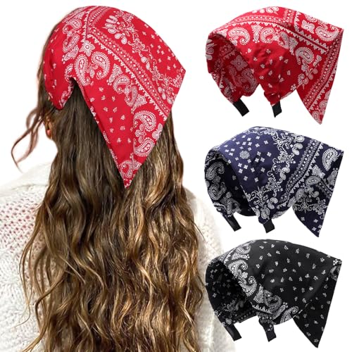 HAIMEIKANG Floral Hair Scarf Headbands for Women Boho Bandanas for Women Triangle Kerchief Solid Color Hair Bands Vintage Head Scarf (Black+Blue+Red) - color: Black+Blue+Red