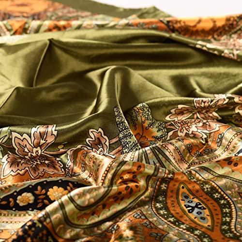 35 x 35 Women's Fashion Pattern Large Square Silk Like Hair Scarf Head Sleeping Wrap Satin Neck Bandana for Gift… - color: Big Cashew Army Green