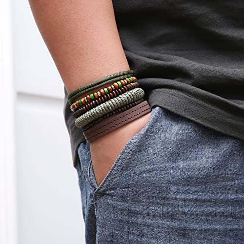 HZMAN Wrap Bracelets Men Women, Hemp Cords Wood Beads Ethnic Tribal Bracelets, Leather Wristbands - style: Wooden Beaded