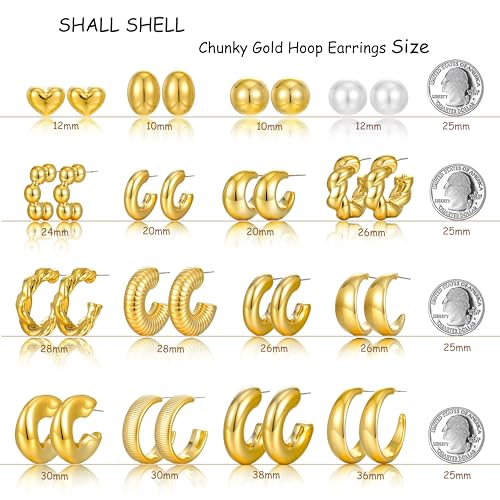 16 Pairs Starfish Chunky Gold Hoop Earrings Set for Women, Beach Shell Style Stack Statement Earrings, Hypoallergenic Lightweight Gold Plated Trendy Summer Jewelry Gift - color: gold-pearl