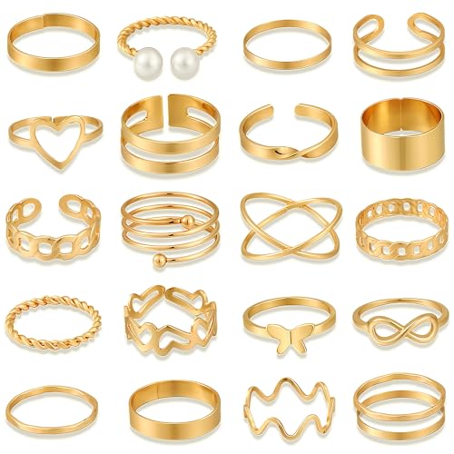 FAXHION 25 PCS Gold Stackable Rings Set for Women, Simple Twist Knuckle Finger Ring Trendy, Dainty Stacking Statement Thumb Rings Pack Jewelry Gift - color: B-gold