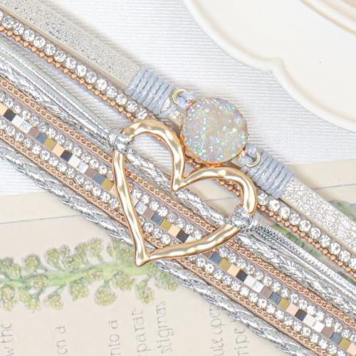 Leather Wrap Bracelet for Women, Boho Cuff Bracelet with Strong Clasp, Multi-Layer Crystal Leather Bracelet for Valentine Mother's Day - color: 01-Heart-Sliver with Gold Clasp