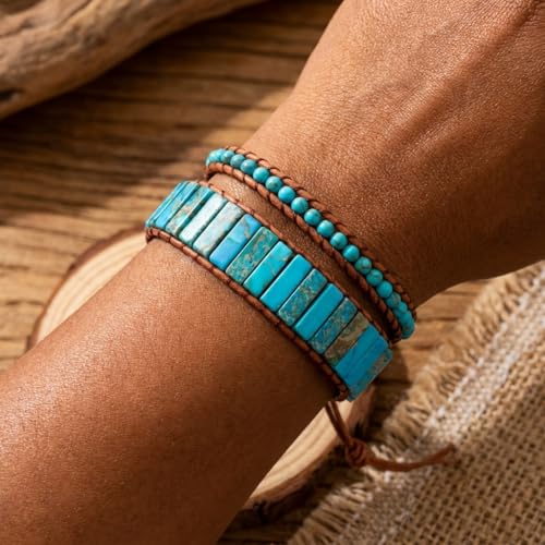 YGLINE Boho Handmade Wrap Leather Tube Crystal Stone Bracelet for Women - color: blue jasper