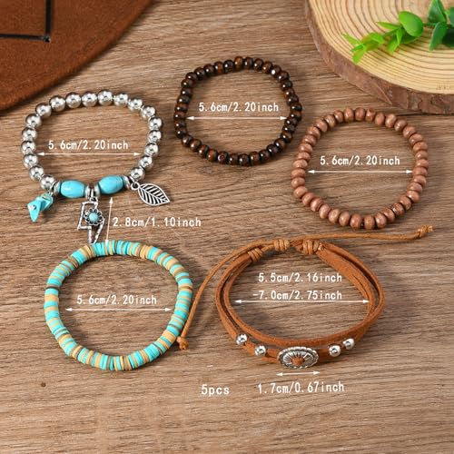 Long tiantian Western Turquoise Beaded Bracelet Set for Women Stackable Cowgirl Bracelets Boho Concho Jewelry Country Concert Rodeo Outfit Accessories Gifts - color: D5