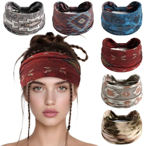 6 Pack Boho Style Women's Headbands, Non slip Fashion Wide Elastic hairband, Daily Sports Yoga Workout Women's Hair Bands,Floral Print-Retro Style - color: Type 7