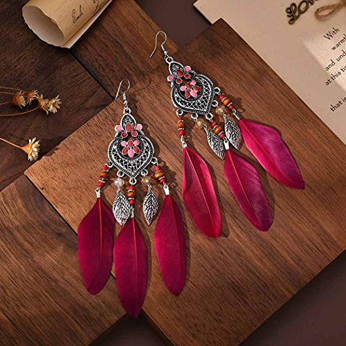 Bohemian Earrings Feather Tassel Silver Ethnic Retro Boho Dangle Earring Bead Women Jewelry for Birthday Party Gifts (Red) - color: Red