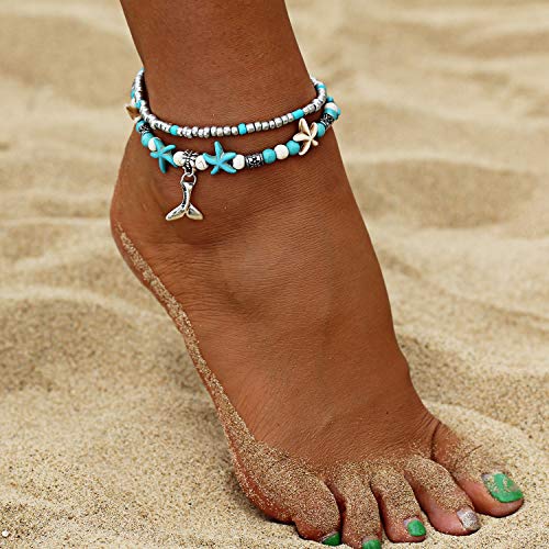 Fesciory Puka Shell Anklet for Women Summer Natural Cowrie Adjustable Ankle Bracelet, Handmade Boho Hawaiian Beach Seashell Jewelry - color: E:Mermaid
