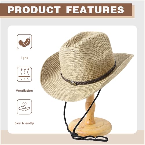 Straw Cowboy Hats Western Cowgirl Hat for Holiday Woven Beach Sun Hat with Shapeable Wide Brim Cowboy Hat for Women/Men - color: Beige