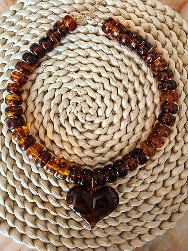 Chunky Colorful Beaded Statement Boho Summer Beach Chokers Necklace Heart Pendant Pink Green Yellow Brown Fashion Jewelry - color: brown4