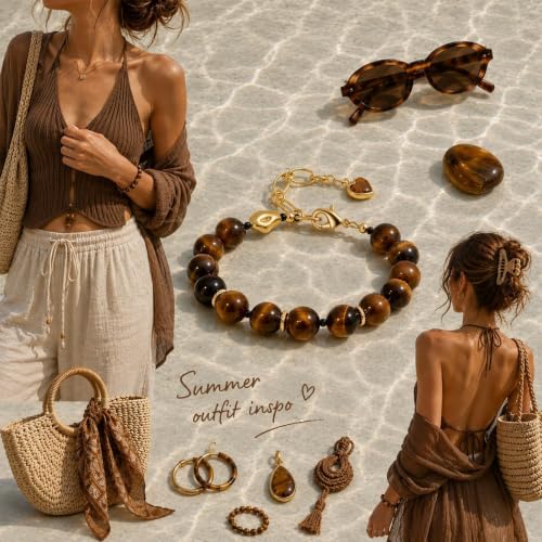 KissYan Beaded Bracelets for Women, Colorful Natural Stone Boho Bead Bracelet for Beach, Handmade Dopamine Gemstone Summer Jewelry Gifts - color: Tiger Eye