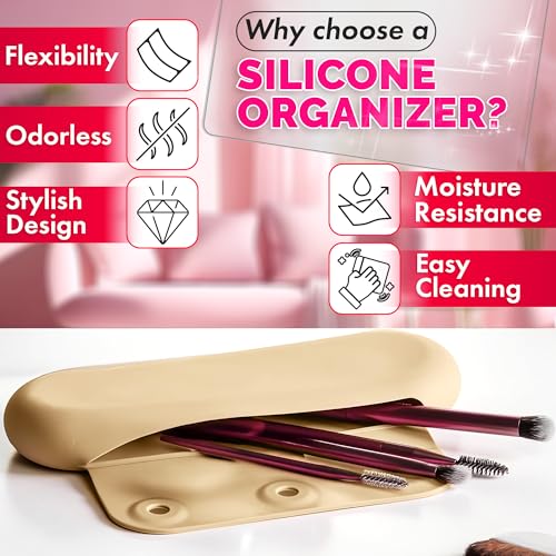 Silicone Makeup Brush Holder Travel – Stylish Silicone Make Up Bag 8.3 in, Travel Makeup Bag for Brushes, Easy-to-Clean Waterproof Case, Fits Purse or Tote, Magnetic Clips, Sturdy Brush Organizer - color: Beige Silicone Makeup Brush Holder