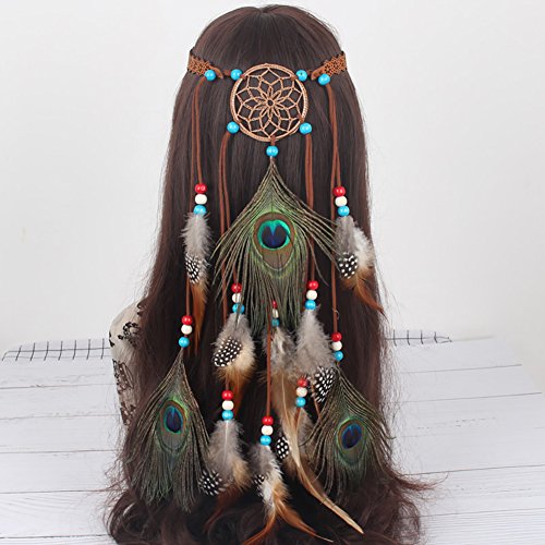Women Lady Bohemian Peacock Feather Headband Dreamcatcher Headdress Hippie Headpiece Headwear Handmade Tribal Indian Fascinator Feather Hairband Hair Accessories - color: brown