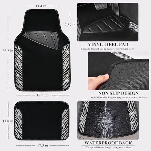 CAR PASS Bling Zebra Car Mats Rhinestones Diamond Waterproof Floor Mat Crystal Sparkly Shining Glitter Carpet Anti-Slip PVC Heel Pad, Universal Fit Automotive SUV,Sedan,4pcs Girly Women, Zebra Diamond - color: Zebra
