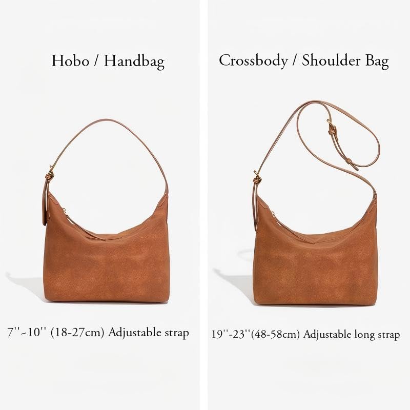 Suede Hobo Bag For Women,Vintage Shoulder Crossbody Purse,Fause Suede Handbag 2 Adjustable Straps,Lightweight Soft - color: Brown