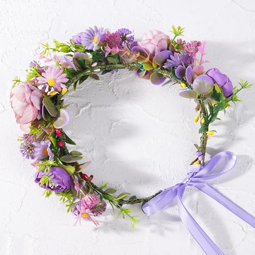 Purple Flower Crown Headband, Artificial Fairy Daisy Floral Headpiece, Forest Boho Bridal Flower Crown for Women Girls Maternity Renaissance Weeding Festivals Birthday Hair Accessories - color: Daisy Purple