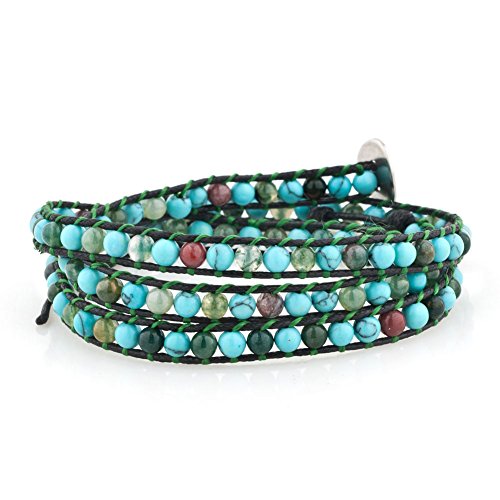 Layered Leather Handmade Bracelet Boho Bohemian Style Multilayer Crystal Glass Natural Stone Beaded Wrap Bracelets Collection for Women - style: BR504