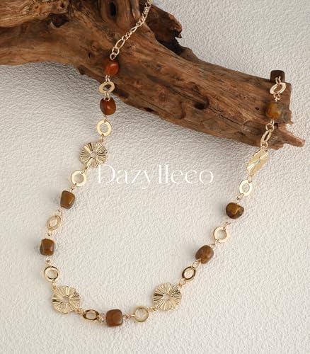 Long Gold Necklaces for Women Dainty Natural Stone Beaded Gold Necklace Mothers Day Gifts Boho Gold Costume Jewelry for Women - color: Brown