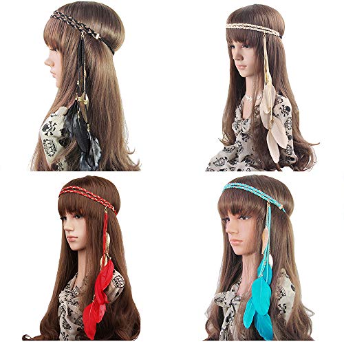 WLBON Halloween Boho Feather Headband Hippie Indian Leaf Hair Hoops Bands Tassel Bohemian Headpiece Hairband Women Xmas Wedding Festival Masquerade Cosplay Dress Up Birthday Party Accessories Red - color: Red Tone