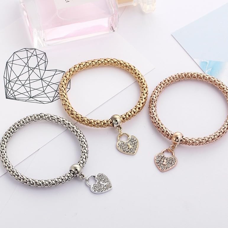 Alegend Titanium Steel (Not Rust, Resist Corruption, Easily Clean) 18K Gold Plated Single Bracelets + 14K Gold Plated Stackable Multilayer Bracelets - style: 14KGold Heart-Shaped Diamond-Inlaid