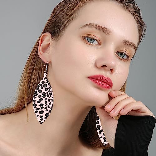 Large Genuine Soft leaf Leather Handmade Fringe Tassel Feather Lightweight Tear Drop Dangle Color Earrings for Women - color: Cow Print