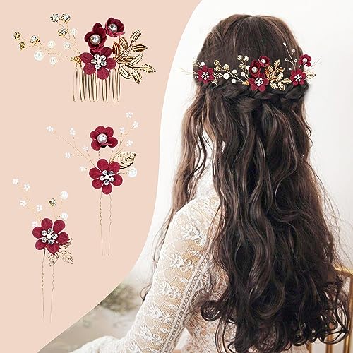 inSowni 20 Pack Classic White Dusty Pink Blue Flower Bridal Wedding Hair Side Combs+U-shaped Flower Hair Pins+Twist Spiral Pearl Hair Pins Pieces Headpieces Accessories for Brides Bridesmaids Women - color: Wine Red