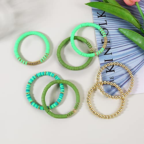 Elegance 11 designs Heishi Beaded Bracelets For Women Polymer Clay Colorful Surfer Stackable Beads Boho Bracelet Summer Beach Jewelry - color: Green