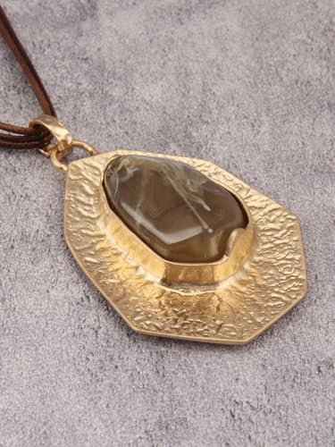 GelConnie Long Necklaces for Women Boho Large Pendant Necklace Casual Bohemian Brown Leather Choker Sweater Circle Statement Stone Necklace - style: Leather Stone Necklace