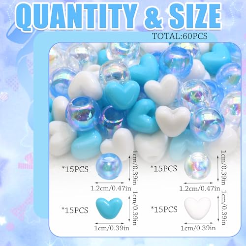 60PCS Heart Hair Beads Blue White AB Round Bead Loc Jewelry Accessories Lovely Acrylic Pony Dreadlock Beads for Kids Girls - color: Blue&White