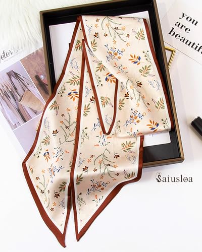 Purse Scarf For Handbags Head Scarves For Women's Hair Bags Scarfs Long Skinny Scarves Fashion Silky - color: A17-brown Edged Flower