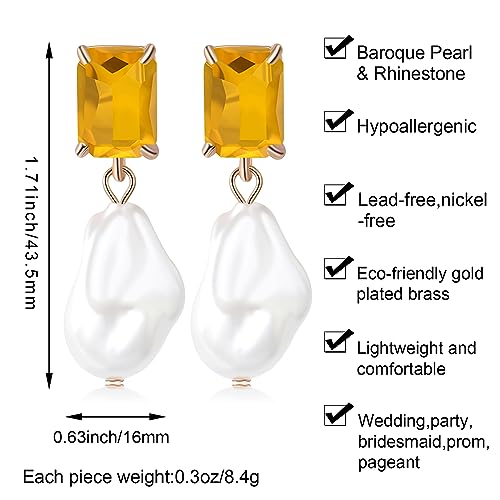Fashion Pearl Drop Earrings for Women With Crystal - Rhinestone Statement Earrings with Pearl Dangling Studs - Large White Baroque Pearl Earrings for Bridesmaid Wedding Party Birthday Holiday - color: Yellow