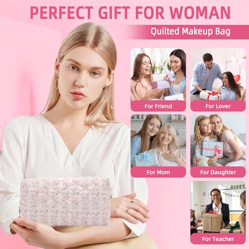 Small Makeup Bag Quilted Cosmetic Bag Floral Travel Toiletry Bags for Women Cute Pencil Case Quilted Makeup Pouch Aesthetic Coquette Cosmetic Pouch Cotton Make Up Bags Cute Zipper Pouches Pink - color: Aa-pink flower
