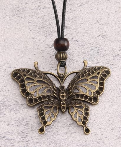 PU Leather Necklace Vintage Boho Style Multilayer Pendant Long Sweater Necklace Jewelry for Women Men with Adjustable Leather Cord - color: Antique Gold Butterfly Necklace