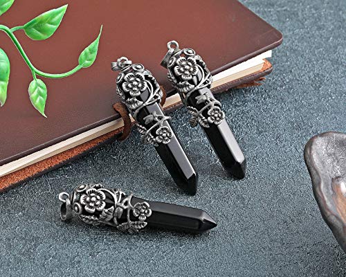 Top Plaza Antique Silver Flower Wrapped Natural Black Agate Healing Crystal Necklace - color: Black Agate