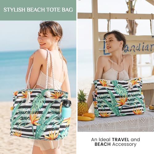 Clothirily Beach Bag for Women - Large Beach Tote Bag, Waterproof Sandproof Beach Bag with Zipper, Large Swim Pool Beach Tote - color: Leaf Stripe
