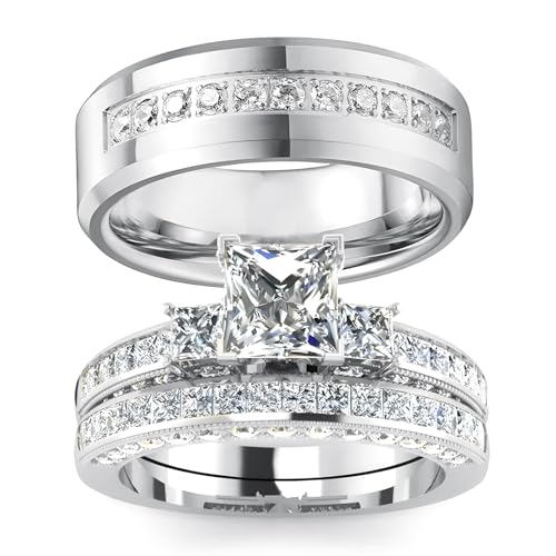 3Pcs Moissanite Wedding Rings Sets for Couples, s925 10K 14K 18K Real Gold Wedding Rings Sets for Him and Her, Customized Matching Engagement Bands Set for Men and Women Free Engraving - style: Style-9