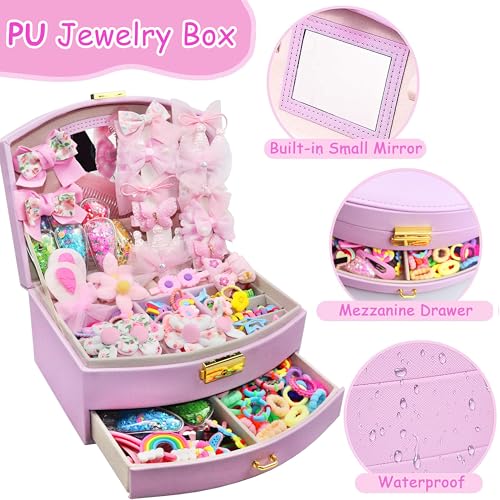 252 Pcs Hair Accessories for Girls, Back to School Hair Accessory Gift Hair Stuff Including Jewlry Box,Hair Clips,Hair Barrettes,Hair Ties,Hair Bows for Little One Teen Age 3-12 - color: P-PINK