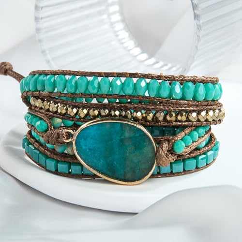 Women Wrap Bracelet Boho Natural Jasper Crystal Stone Beads Strand Bracelets - color: Green #2