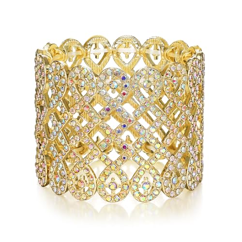 EVER FAITH Art Deco Love Knot Wide Stretch Bridal Bracelet Austrian Crystal - color: Iridescent AB Gold-Tone