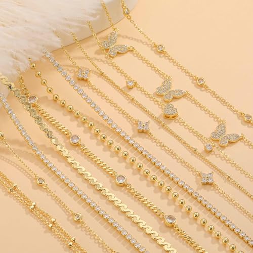 RLMOON Gold Silver Anklets for Women CZ Ankle Bracelet 14K Gold Plated Waterproof Layered Stackable Clover Butterfly Tennis Chain Anklet Trendy Summer Beach Foot Jewelry - color: A:Flower Anklet Gold