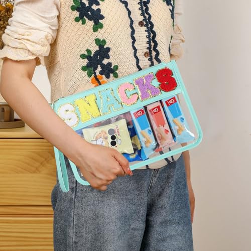 Clear Snack Bag for Travel, Chenille Letter Clear Zipper Snacks Pouch Nylon Cosmetic Bag Makeup Travel Bag for Women - color: Green