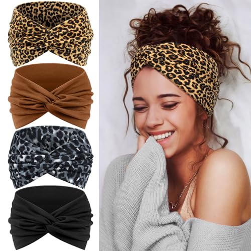 Headbands for Women's Hair, Wide Hair bands – 4 Pcs Vintage Turban Elastic Soft Head Wraps Knotted for Yoga & Workout – Summer Cute Fashion Hair Accessories（ Leopard ） - color: Black