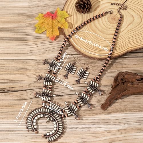 4 PCS Western Turquoise Jewelry for Women Boho Vintage Navajo Pearl Necklace Earring Bracelet Ring Set Country Cowgirl Accessories for Gift - color: P-White（No Bracelet No Ring）