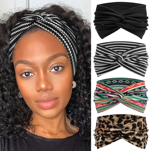 4 Pack Wide Headbands for Women Cute Boho Headband Stripe Knotted Turban Head Bands Soft Hair Wraps African Head Scarf Fashion Turban Hairband Large Scarf Headband For Women’s Hair Accessories - color: Style 118